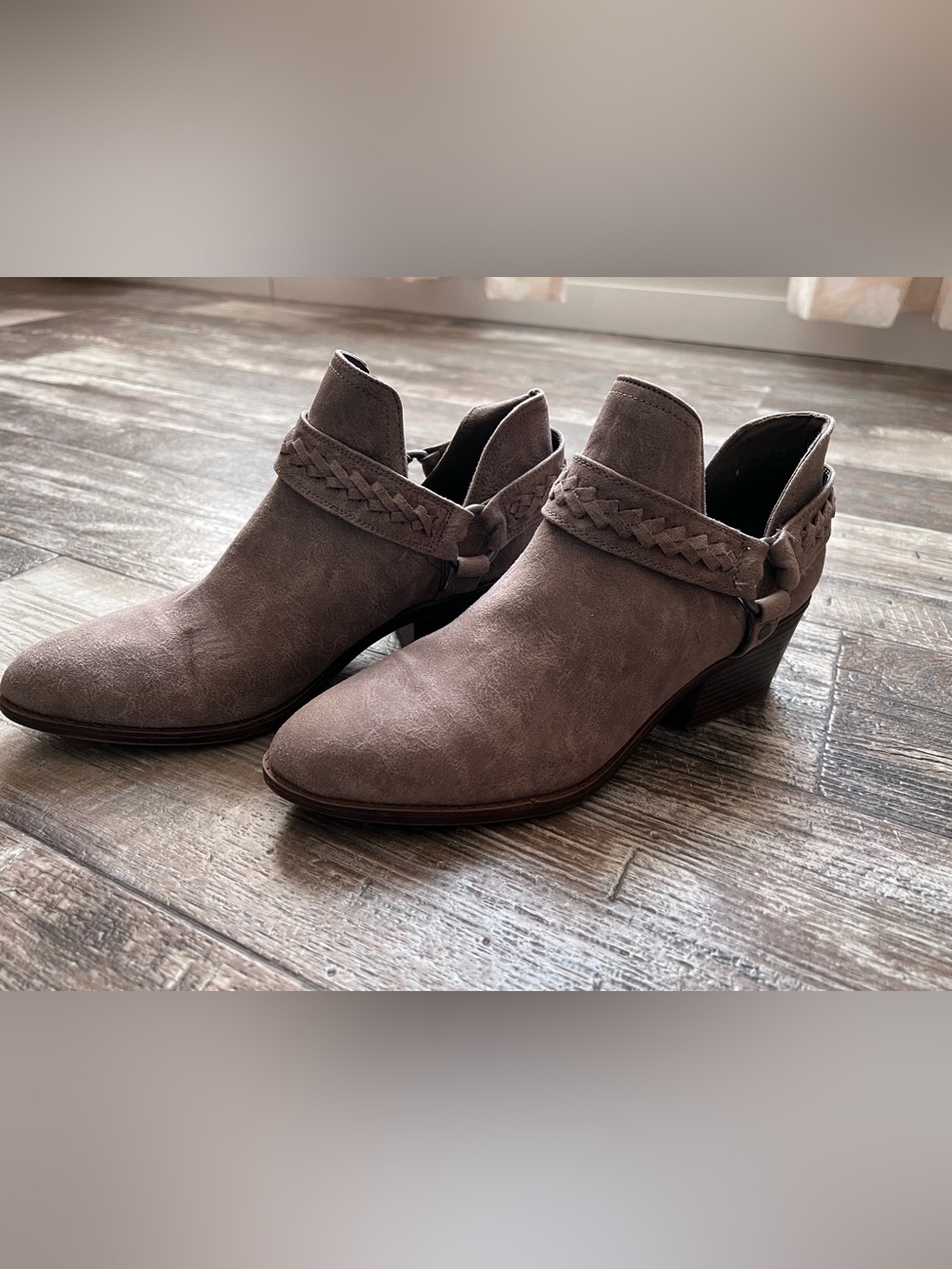 Fergie Taupe Braided Strap Ankle Booties
